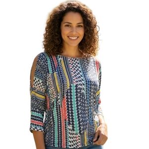 Cable & Gauge Boho Multi-Color Geometric Print Cold Shoulder Tunic Blouse SP NWT
